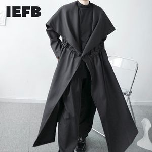 IEFB / Herenkleding Spring Big Size Mid-Length Trench Coat Black Drawstring Single Button Windbreaker Niche Design Male 9Y4020 210524