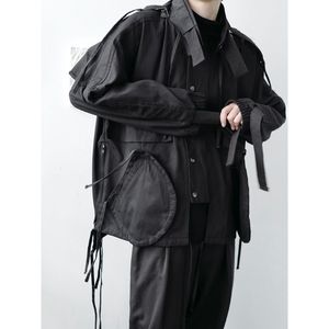 IEFB/ropa de hombre de primavera para hombre, chaquetas holgadas de gran tamaño con cuello levantado, diseño de chaqueta con cinta de nicho, abrigo negro para hombre 9Y4113 210524