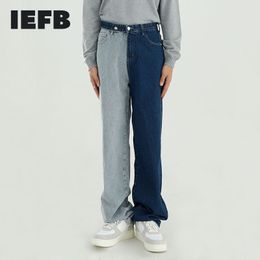IEFB Men's's Wear Products Products Color Block Packwork Travelwork Korean Fashion Buckle Design Denim Pantaux mâles 9Y4605 210524