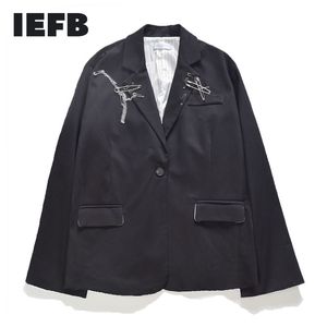 IEFB/ropa de hombre streetwear moda coreana traje pequeño suelto guapo casual negro blazers cadena pin decoración abrigo negro 9Y1276 210524