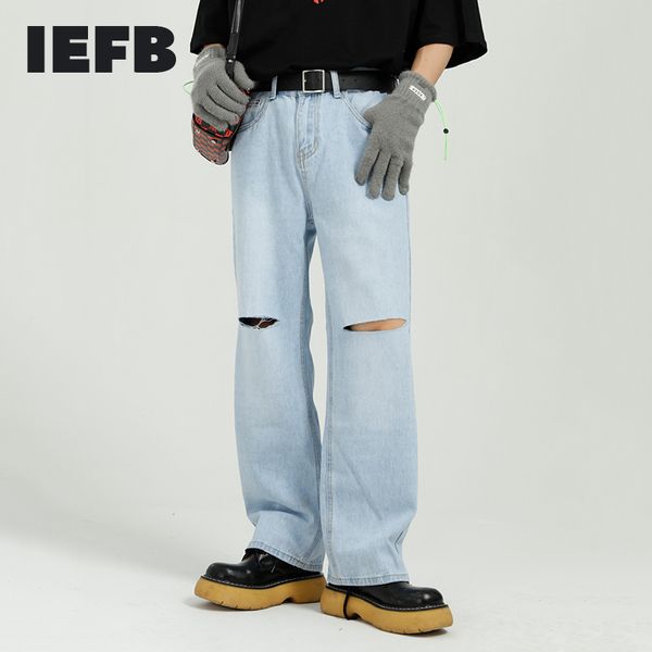 IEFB Vêtements pour hommes Summer Korean Straight Hole Light Blue Casual Trend Blue Jeans Loose Wide Leg Denim Pantalon 9Y7121 210524