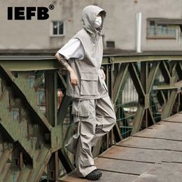 IEFB Mens Fashion Hooded mouwloze vest sets Zomer trendy geplooide vestjacht breedbeen vrachtbroek Tweedelige pakken 9C714 240424