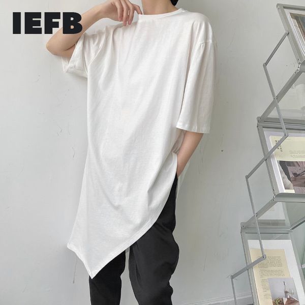 IEFB Non Iron manches courtes lâche col rond décontracté couleur unie T-shirt hommes asymétrique mi-longueur blanc Tee 210524