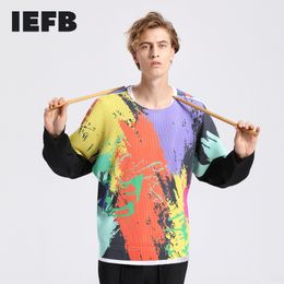 IEFB Geplooid Heren T-shirt Lente Mode Losse Oversized Gedrukt Lange Mouw Casual Tee Tops Ronde Kraag Doek 9Y6734 210524