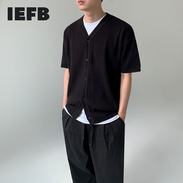 IEFB Cardigan de manga corta Single Breasted Kintted T-shirts Tendencia coreana de los hombres Moda Simple Flojo Verano Thin Tee Tops 9Y7694 210524