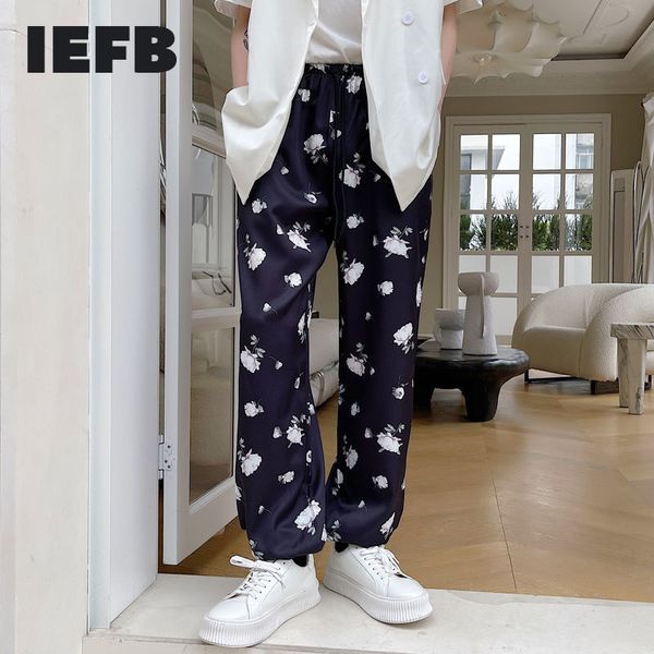 IEFB Printemps et été imprimé floral taille élastique pantalons décontractés pour hommes bas élastiques satin pantalon noir 9Y7240 210524
