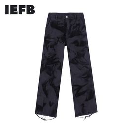 IEFB Spring Black Print Deanim Broek voor Mannen Mode Heup Hop High Street Wash Do Old Losse Straight Broek Tie Dye 210524