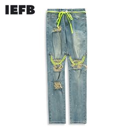 IEFB printemps été hommes Streetwear Denim pantalon Chian trou décoration taille haute Hip Hop jean Vintage tissu 9Y5445 210524