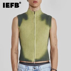 IEFB Streetwear Men gebreide vest-pullovers heren Turtleneck Mouwloze bovenste trui ritssluiting tie-dye kleding herfst C3482 240326