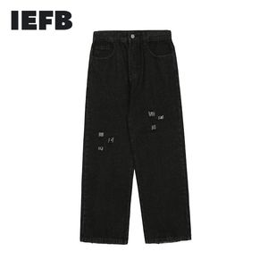 IEFB Streetwear Heren Black Jeans Cashew Bloem Print Patchwork Rits Bottoms Rechte wijde Beenbroek Denim Broeken 210524