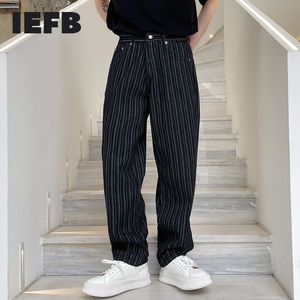 IEFB Stripe Motif Lâche Hommes Noir Jeans Taille Haute Lâche Droite Denim Pantalon Pour Homme Vintage Mode 9Y726 210524