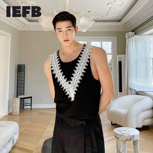 IEFB Summer Causal Débardeurs Pour Hommes Personnalisé Français Court Dentelle Gilet Noir Et Blanc Contraste Couleur Tee Tops 9Y7559 210524