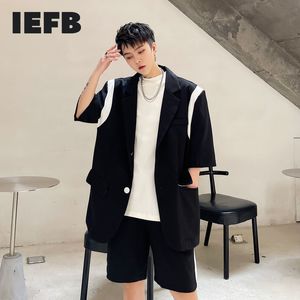 IEFB été couleur contraste épissage hommes à manches courtes costume + taille élastique Shorts costume noir blanc deux pièces ensemble 9Y7276 210524