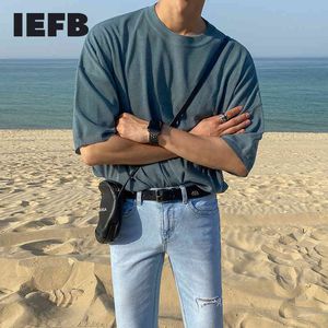 IEFB verano coreano suelto hombres cuello redondo tejido manga corta fuera del hombro Casual camiseta Vintage verde camiseta Top 9Y7189 210524