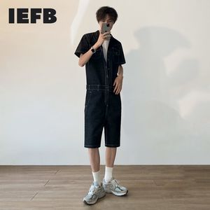 IEFB Zomer Werkkleding Korte Mouw Jeans Jumpsuit Heren Koreaanse Trend Losse Overalls Shorts Single Breasted 210524