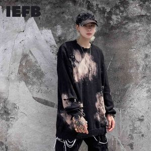 IEFB Tmen's Wear Pin Hole Tie Dyed Suéter Moda Suelta Tamaño grande Punto Cuello redondo Jersey Tops Masculino High Street 9Y6097 210524