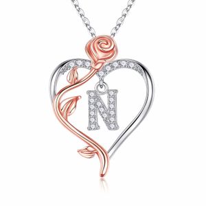 Iefil Rose Heart Kettingen Geschenken voor Vrouwen,925 Sterling Zilver Rose Love Heart Initial Letter Hanger Ketting Sieraden Moederdag Valentijnsdag D43228