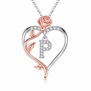 Iefil Rose Heart Kettingen Cadeaus voor Vrouwen,925 Sterling Zilver Rose Love Heart Initial Letter Hanger Ketting Sieraden Moederdag Valentijnsdag D43230