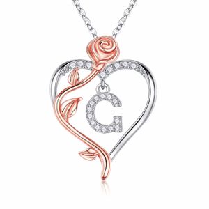 Iefil Rose Heart Kettingen Geschenken voor Vrouwen,925 Sterling Zilver Rose Love Heart Initial Letter Hanger Ketting Sieraden Moederdag Valentijnsdag D43221