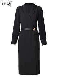 Ieqj Robes de blazer professionnel épissé solide pour femmes manches longues V coule haute ceinture de conception robe vestimentaire féminin 3WQ9049 240313