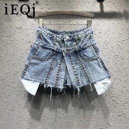 [IEQJ] Lente zomer patter denim patchwork nep twee stuk zware werk kralen rand hoge taille losse shorts AG02605XL 210611