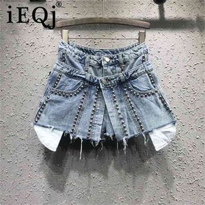 [Ieqj] lente zomer patter denim patchwork nep twee stuk zware werk kralen rand hoge taille losse shorts AG02605XL 210714