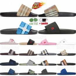 Sandalias de diapositivas de diseñador zapatillas Furley Vintage Check Slides Archivo de BEIGE LOGO DE BEGADO CERULEAN CERULEAN MILITAR MANIRGROVE VERDE BUBBKAOH#