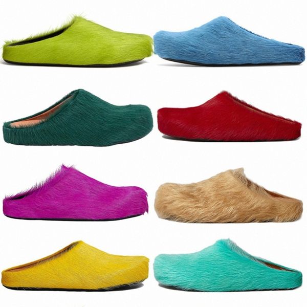 Fussbett Sabot Long Calf Hair Cuir Veau Fourrure Slide Slipper Mocassins Hommes Femmes Noir Blanc Orange Bleu Vert Rouge Kaki Furry Pantoufles