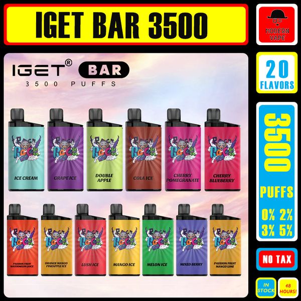 IGET BAR 3500 Puffs Cigarette électronique jetable originale Vape Pen 800mAh batterie 5% concentration Pods kit de vapeur pré-rempli en stock