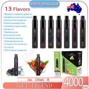 Hot Sale IGET LEGEND 4000 bladerdeeg e-sigaret 14 ml Voorgeladen cartridge 4K Rookwolken 13 smaken 1500 mAh oplaadbare batterij e-sigaret Wegwerp Vape Pen 5% concentratie