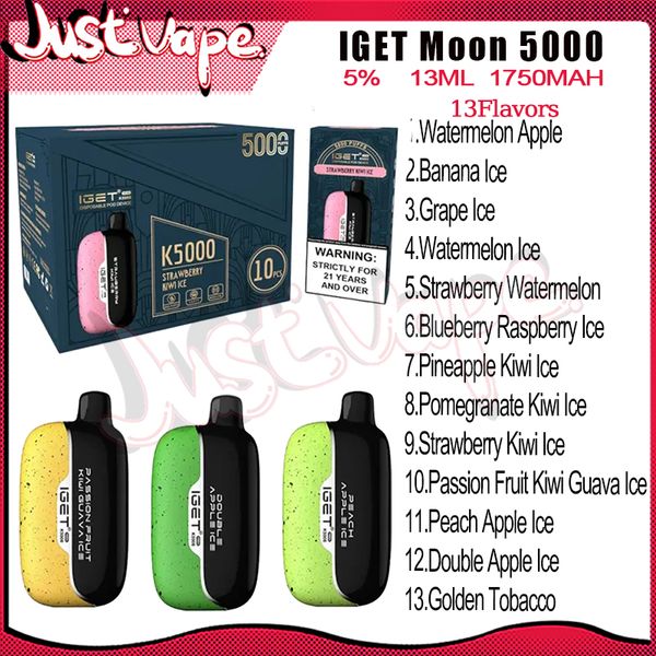 IGET Moon 5000 Puff jetables E cigarettes maille bobine 13 ml Pod 1750 mAh batterie électronique Cigs Puff 5K 5% 13 saveurs Vape Pen