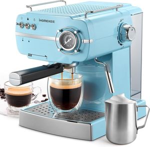 Ihomekee Espressomachine, Espresso-koffiezetapparaat in retrostijl met automatische snelle verwarming, Latte Cappuccino-maker met melkopschuimer, stoompijp, drukmeter, Aqua