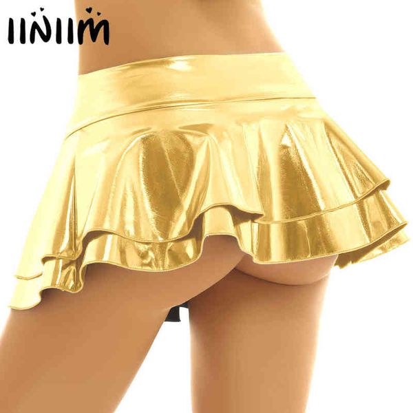 Iiniim Femmes Dames Jupes Métallique Plissé En Cuir Micro Mini Jupe Sexy Taille Basse Rave Festivals Fête Courte Une Ligne Minijupe G220309