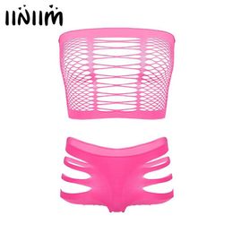 Iiniim Womens Sexy Lingerie Sets Borst Uitgehold Sissy Club Kleding Mouwloos Visnet Crop Top Met Slips Slipje Ondergoed Br2718