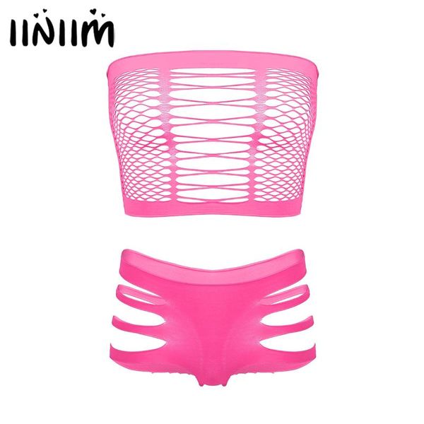 Iiniim, conjuntos de lencería Sexy para mujer, ropa de Club Sissy con agujeros en el pecho, Top corto de rejilla sin mangas con bragas, ropa interior, sujetadores