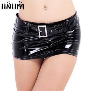 iiniim Femmes Wetlook Jupes Minijupe Courte Mini Jupe avec Ceinture Boucles Soirée Sexy Costumes Clubwear pour Dames 210708