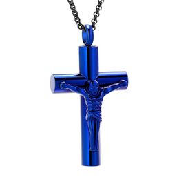 IJD11129 Pendentif de crémation croix de jésus couleur bleue collier cadeau pour femme étanche cendres souvenir pour votre bien-aimé en acier inoxydable 2445
