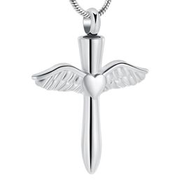 IJD12240 – pendentif ailes d'ange en acier inoxydable, bijoux de crémation, croix en cœur, pour animal de compagnie, souvenir de cendres commémoratives humaines, collier 2855