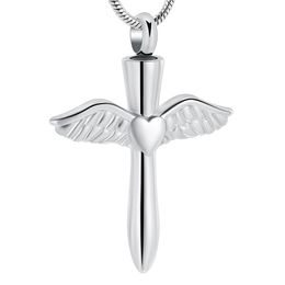 IJD12240 Colgante de joyería de cremación con forma de cruz y corazón de alas de Ángel de acero inoxidable para mascotas, collar de recuerdo de ceniza conmemorativo humano 281U