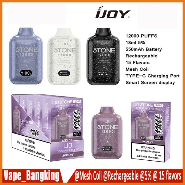 Ijoy Lio Stone 12000 Puff Vape desechable 15 Sabores Puff 12k E Cigarrillo 650mAh Batería recargable Reduce 23 ml Cartucho de 2% Vapor Vape Barra Vs Bang 12k 15K Puff