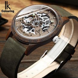 IK Coloring Hommes Montre Mode Casual Boîtier En Bois Crazy Horse Bracelet En Cuir Montre En Bois Squelette Auto Mécanique Mâle Relogio Y2004217b