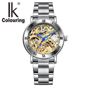 IK Coloring Women Mechanical Watch Romeinse belettering Bezel Gold Clouds Gravure Skeleton Automatische Zelf Wind Dames Polshorloge 210616