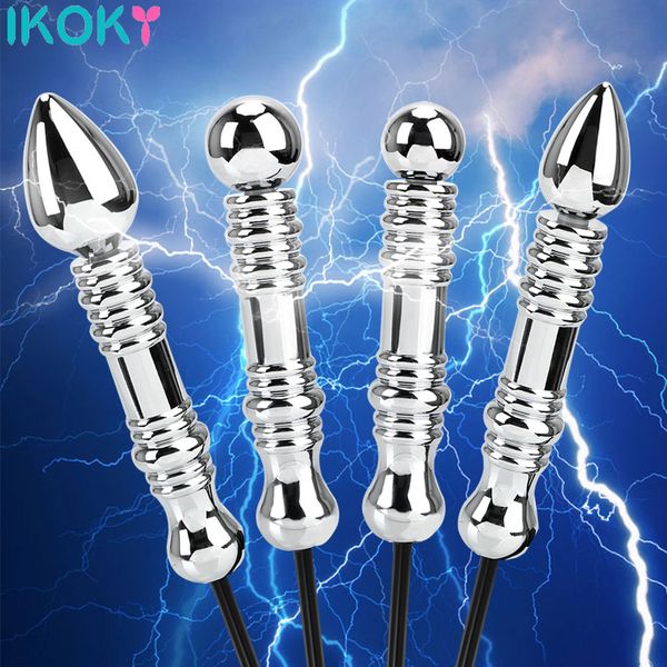 IKOKY descarga eléctrica Butt Plug Dildo Metal Anal Vaginal pulso terapia partes juguetes eléctricos sexy para hombres y mujeres