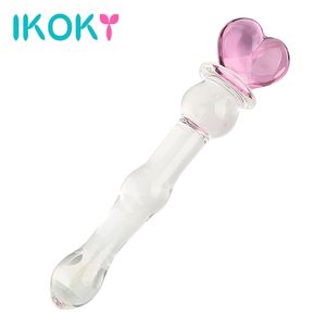 IKOKY Verre Gode Rose Coeur Cristal Masturbateur pour Stimulation Vaginale et Anale Féminine Sex Toys Lucides pour Femmes Perles Anales Y18110504