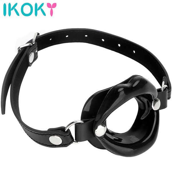 IKOKY-juguetes sexuales para parejas SM Bondage, mordaza de boca abierta, anillo redondo, fijación Oral, labios de goma, producto para adultos, ataduras fetiche de cuero