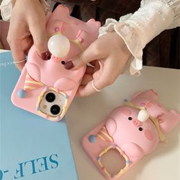 Ikorean mignon toys de décompression 3D Toys Piggy Cell Phone Silicone Case pour iPhone 15 13 14 Pro Max 15Promax Protection Case rose Couverture arrière 1pc