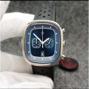 ikwatches - Klassiek horloge chronograaf quartz stopwatch blauwe wijzerplaat zwarte rubberen riem herenhorloges sport vierkant herenhorloge man's354U