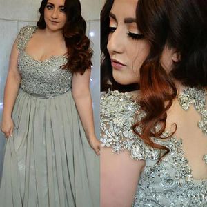 Illusion Terug Plus Size Speciale Gelegenheid Jurken Kapmouwtjes Kant Applicaties Kralen Kapmouwtjes Lange Chiffon Prom Avondjurken SD3255Z