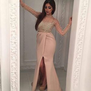 Illusie kralen avondjurken Hoge nek Dubai Saudi Arbian Prom jurken splitste plooien Mermaid Robi de Soiree met lange mouwen