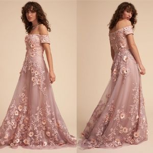 Illusion BHLDN Une ligne robes de bal Blush rose appliques faites à la main fleur robe de soirée bateau cou étage longueur robes de mode sur mesure